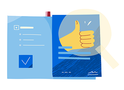 Equitable and Inclusive Organizational Policies icon. A checklist on the left with a magnifying glass revealing a hand giving a thumbs-up sign on the right.