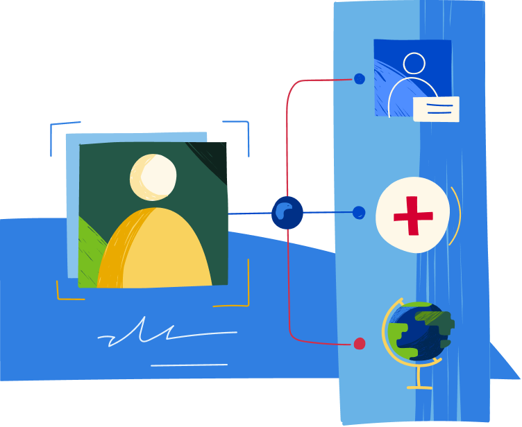 Culturally Appropriate Patient Care icon. A photo of a patient connected to a personal profile, medical records, and the world wide web.