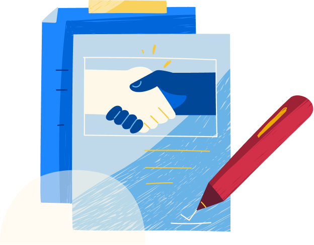 Diverse Representation in Leadership and Governance icon. A picture of a white hand and a black hand shaking hands on a page with a pen writing a checkmark on the page.