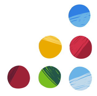 Health Equity Transformation Model dots. Six dots of various colors arranged in the shape of a triangle.