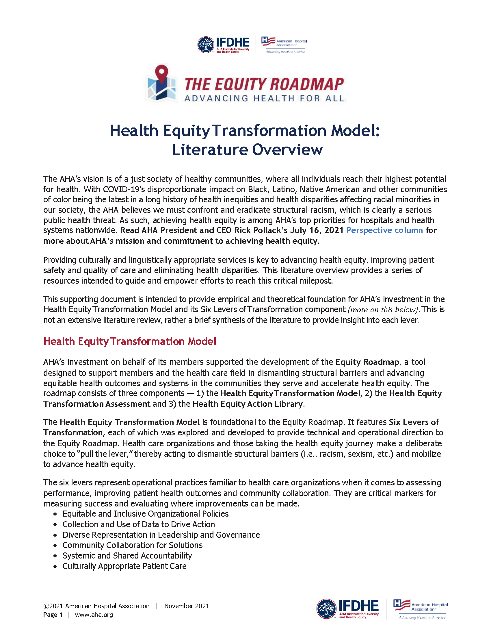 Health Equity Transformation Model: Literature Overview page 1.